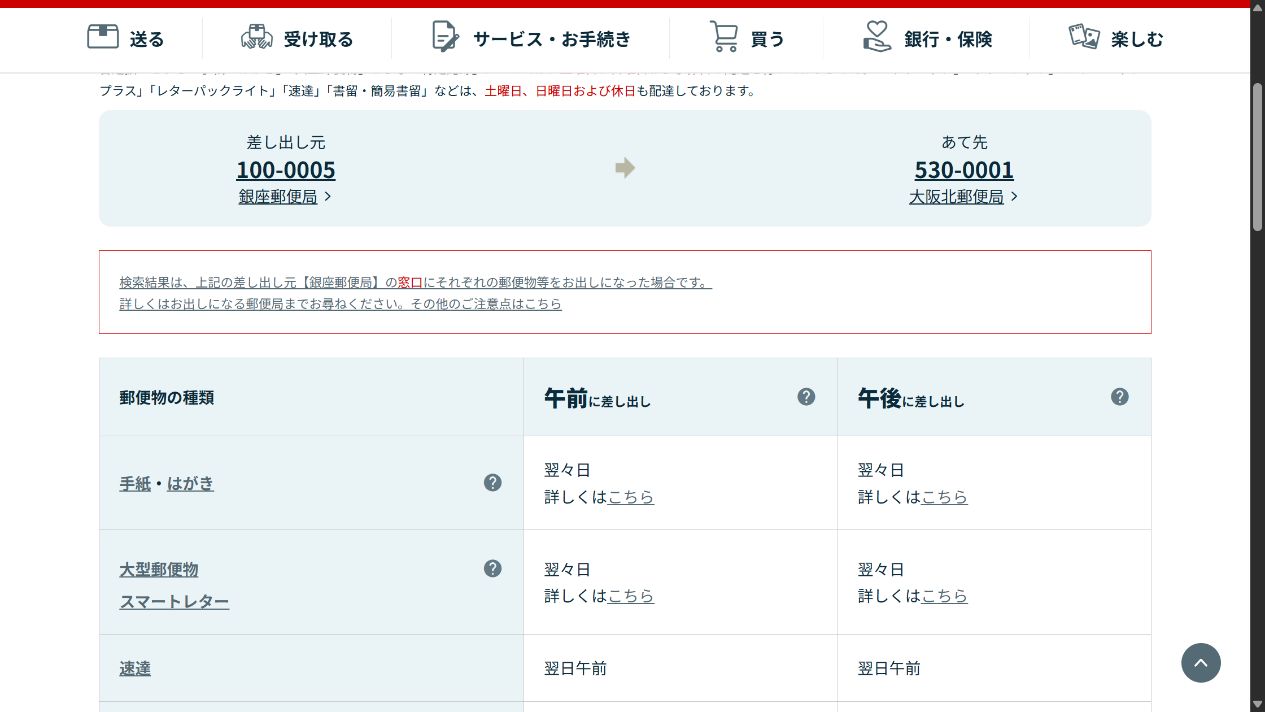 日本郵便の日数検索結果。差し出し元100-0005、あて先530-0001、手紙・はがきは午前・午後とも翌々日と表示。